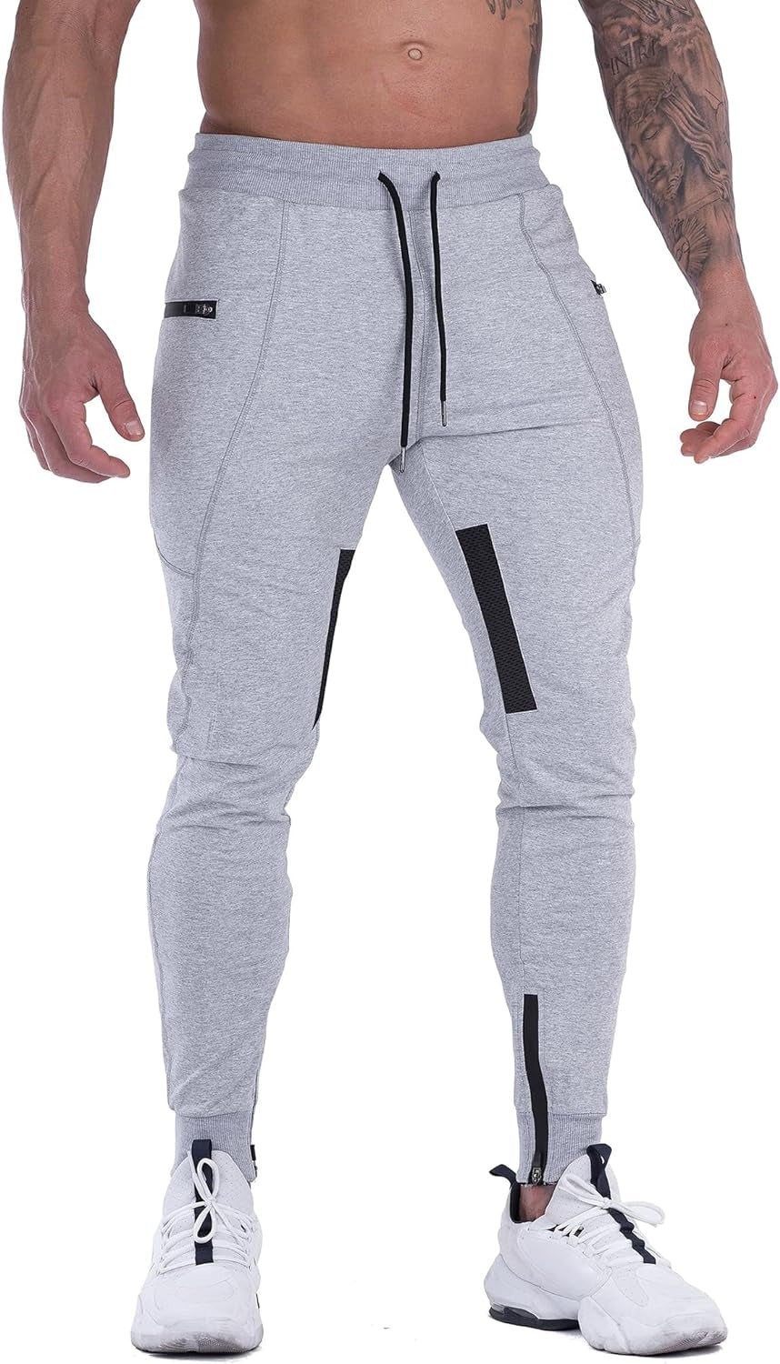 Mens Joggers Pants Tapered Sweatpants Casual Gym Training Workout Pants Slim Track Pant with Zipper Pockets